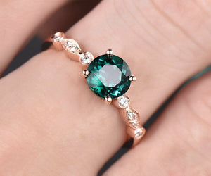 1.1Ct Round Cut Green Emerald Minimalist Engagement Ring 14K Rose Gold Finish