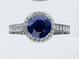 1.2ct Round Cut Blue Sapphire Diamond Halo Vintage Ring 14k White Gold Finish