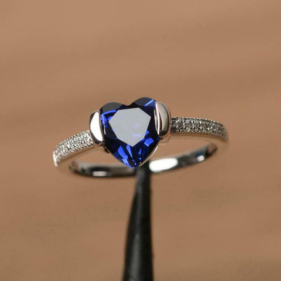 1ct Heart Cut Blue Sapphire Solitaire with Round Accent Ring 14k White Gold Over