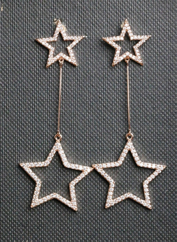 1ct Round Cut VVS1 Diamond Dual Star Design Drop Earrings 14k Rose Gold Finish