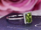 2.3ct Emerald Cut Green Peridot Halo Diamond Accents Ring 14k White Gold Finish