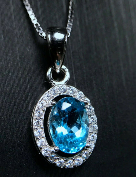 2.3ct Blue Topaz Pendant Oval Cut Diamond Halo 14k White Gold Finish NO CHAIN