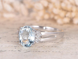 2ct Oval Cut Blue Aquamarine Engagement Ring Split Shank 14k White Gold Finish