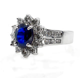 4Ct Oval Blue Sapphire Diamond Halo Floral Engagement Ring 14K White Gold Finish