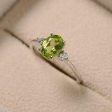 1ct Oval Green Peridot Engagement Ring Trilogy Minimalist 14k White Gold Finish