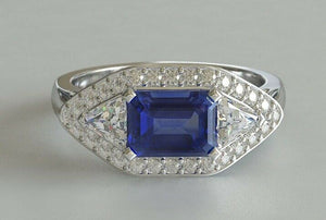 4ct Emerald Cut Blue Sapphire Engagement Ring Halo Trilogy 14k White Gold Finish