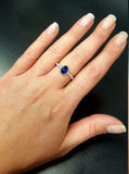 1ct Oval Cut Blue Sapphire Beaded Ball Shank Solitaire Ring 14k White Gold Over