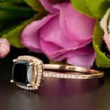 1.5ct Cushion Cut Black Diamond Engagement Ring 14k RoseGold Over Halo Solitaire