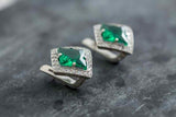 2ct Stud Earrings Princess Cut Green Emerald Diamond Halo 14k White Gold Finish