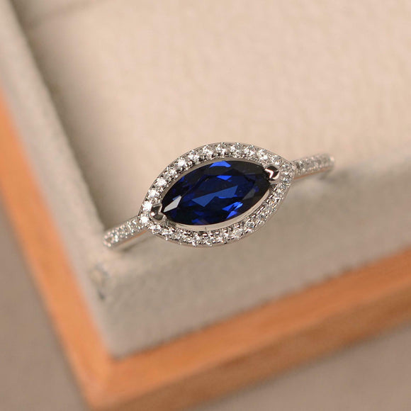 1.5ct Marquise Cut Blue Sapphire Engagement Ring Diamond Halo 14k WhiteGold Over