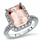 4Ct Emerald Cut Peach Morganite Halo Diamond Engagement Ring 14K White Gold Over