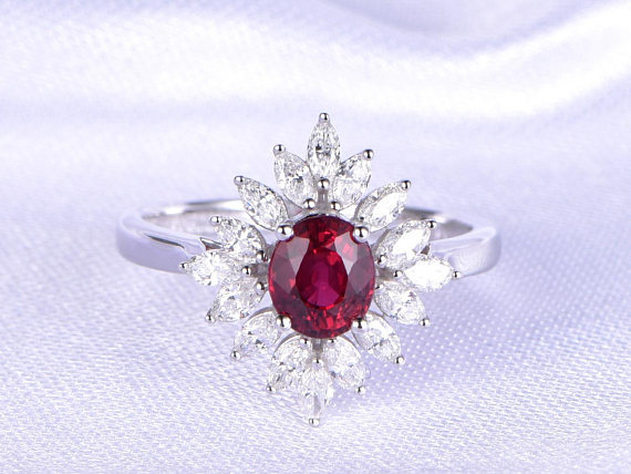 2.5ct Oval Cut Pink Ruby Engagement Ring Floral Sunburst 14k White Gold Finish