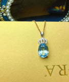 2.1ct Blue Topaz Pendant with Chain Oval Cut Diamond Crown 14k White Gold Finish