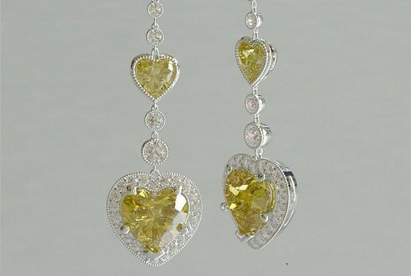 2ct Heart Yellow Sapphire Halo Vintage Style Drop Earrings 14k White Gold Finish