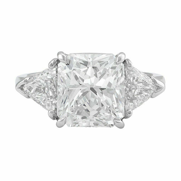 4Ct Cushion Cut Diamond Trillion Accents Three Stone Ring 14k White Gold Finish