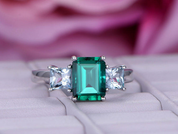 2.3ct Green Emerald Cut Engagement Ring Unique Trilogy 14k White Gold Finish