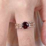 1.9ct Round Cut Red Garnet Halo Trio Set Engagement Ring 14k Rose Gold Finish