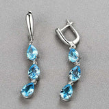 1.75ct Dangle Earrings Pear Cut Blue Topaz Three Stone 14k White Gold Finish