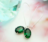 2ct Oval Cut Green Emerald Solitaire Long Drop Earrings 14k White Gold Finish