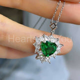 2ct Heart Cut Simulated Emerald Cluster Halo Pendant Chain 14k White Gold Plated