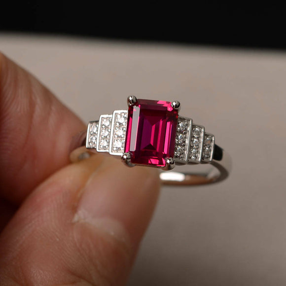 2ct Emerald Cut Pink Ruby Accent Solitaire Engagement Ring 14k White Gold Finish