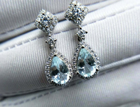 2.5ct Pear Cut Blue Aquamarine Dangling Tear Drop Earrings 14k White Gold Finish