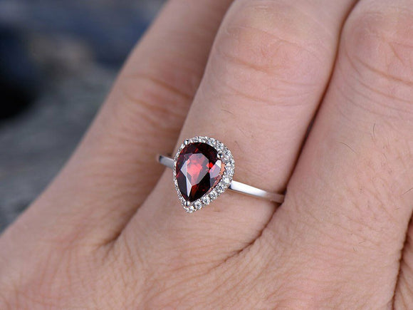 1.5Ct Pear Cut Red Garnet Solitaire Halo Engagement Ring 18K White Gold Finish