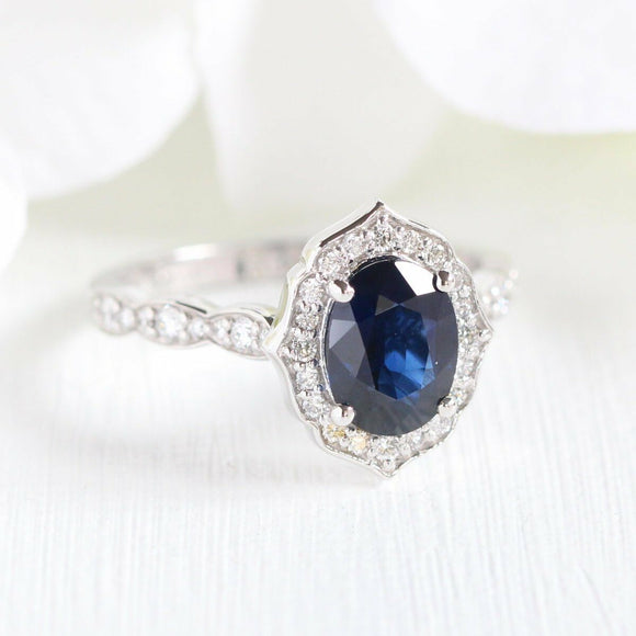 1ct Oval Cut Blue Sapphire Vintage Floral Engagement Ring 14k White Gold Finish