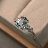 2ct Oval Cut Blue Aquamarine Heart Shape Round Accent Ring 14k White Gold Finish