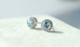 1ct Round Cut Blue Aquamarine Diamond Halo Stud Earrings 18k White Gold Finish