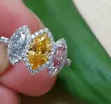 4Ct Marquise Cut Tricolor Three Stone Halo Engagement Ring 14K White Gold Finish