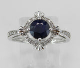 1.5ct Round Cut Blue Sapphire Halo Compass Engagement Ring 14k White Gold Finish