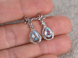 2.3ct Drop Earrings Pear Cut Aquamarine Halo Floral Dangle 14k White Gold Finish