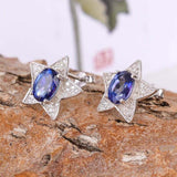 2ct Stud Earrings Oval Cut Blue Sapphire Star Cluster 14k White Gold Finish