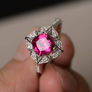 1.5ct Cushion Cut Pink Ruby Engagement Ring 14k White Gold Finish Floral Women