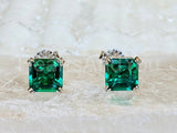 2ct Asscher Simulated Emerald Dual Prong Stud Earrings 14k White Gold Plated