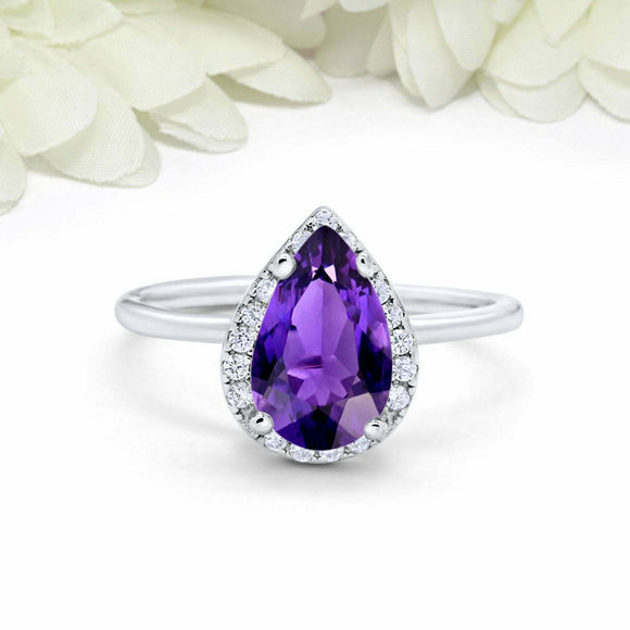 3ct Pear Cut Amethyst Engagement Ring Diamond Halo Minimalist 14k WhiteGold Over