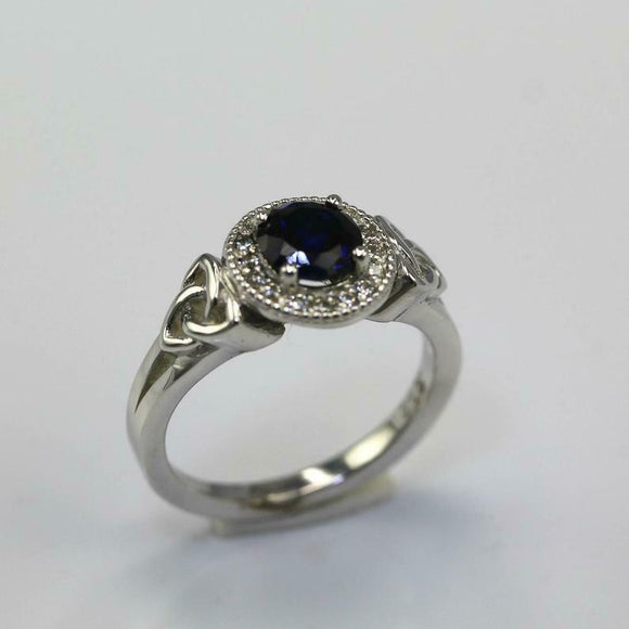 2.3ct Round Blue Sapphire Engagement Ring Halo Celtic Trinity 14k WhiteGold Over