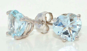 1ct Stud Earrings Heart Cut Blue Aquamarine Solitaire Women 14k WhiteGold Finish