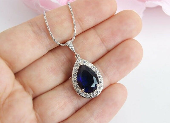 2ct Pear Cut Blue Sapphire Halo Tear Drop Pendant 14k White Gold Finish NO CHAIN