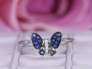 1ct Round Cut Blue Sapphire Engagement Ring Butterfly Design 14k White Gold Over