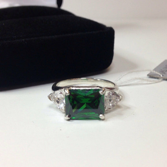 2.5ct Green Emerald Diamond Accent Trilogy Engagement Ring 14k White Gold Finish