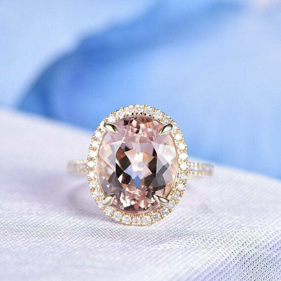 2.5ct Oval Cut Peach Morganite Halo Women Engagement Ring 14k Rose Gold Finish