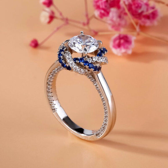 4Ct Round Cut Diamond Sapphire Floral Halo Engagement Ring 14K White Gold Finish