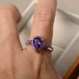 2ct Pear Cut Purple Amethyst Engagement Ring Bridal Set Halo 14k White Gold Over