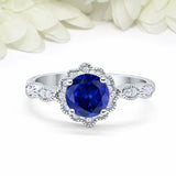 2ct Round Blue Sapphire Engagement Ring Vintage Halo Art Deco 14k WhiteGold Over