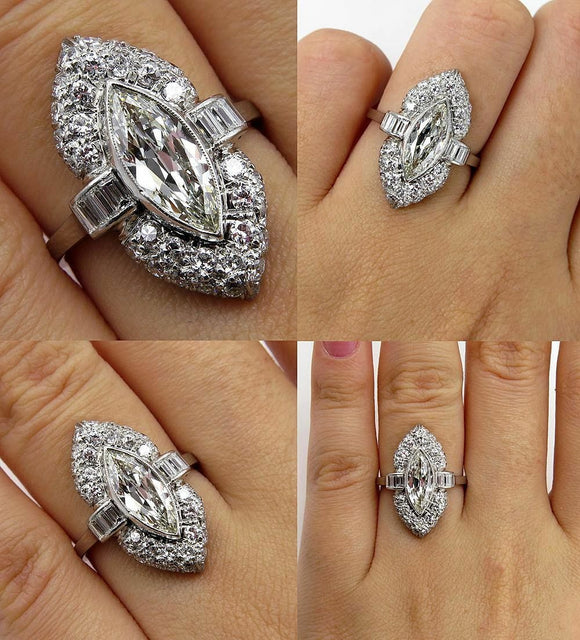 6Ct Marquise Cut Diamond Unique Vintage Engagement Ring 14K White Gold Finish