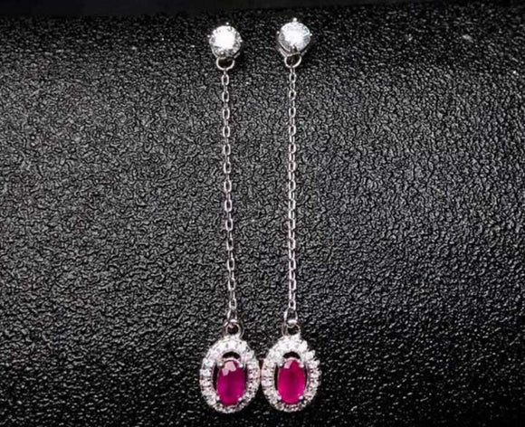 1.6ct Drop Earrings Oval Cut Pink Ruby Dangling Halo 14k White Gold Finish