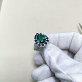 2ct Engagement Ring Pear Cut Green Emerald Blue Sapphire Halo 14k WhiteGold Over