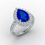 3ct Pear Cut Blue Sapphire Engagement Ring Diamond Halo 14k White Gold Finish